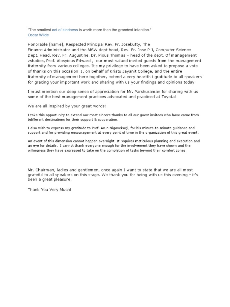 Vote Of Thanks Speech Pdf