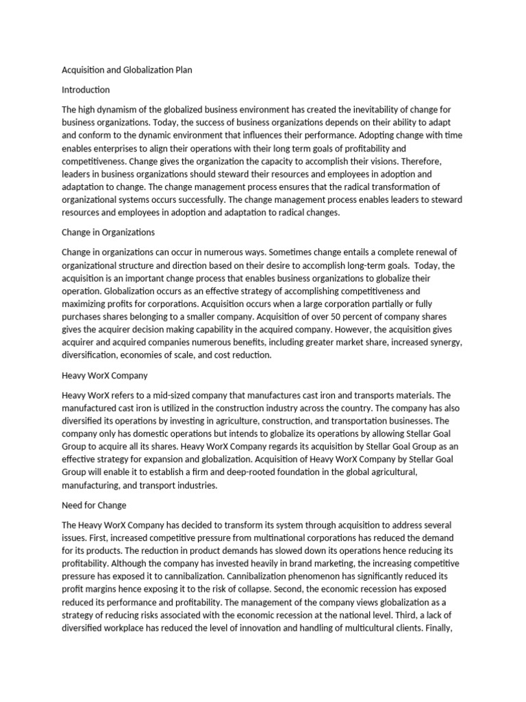 Acquisition and Globalization Plan | PDF | Change Management | Mergers ...