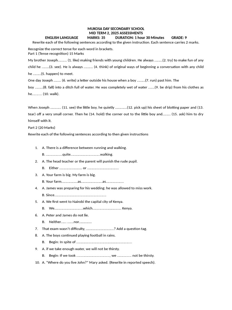 Grade 9 English Mid Term Assessment 2025 | PDF