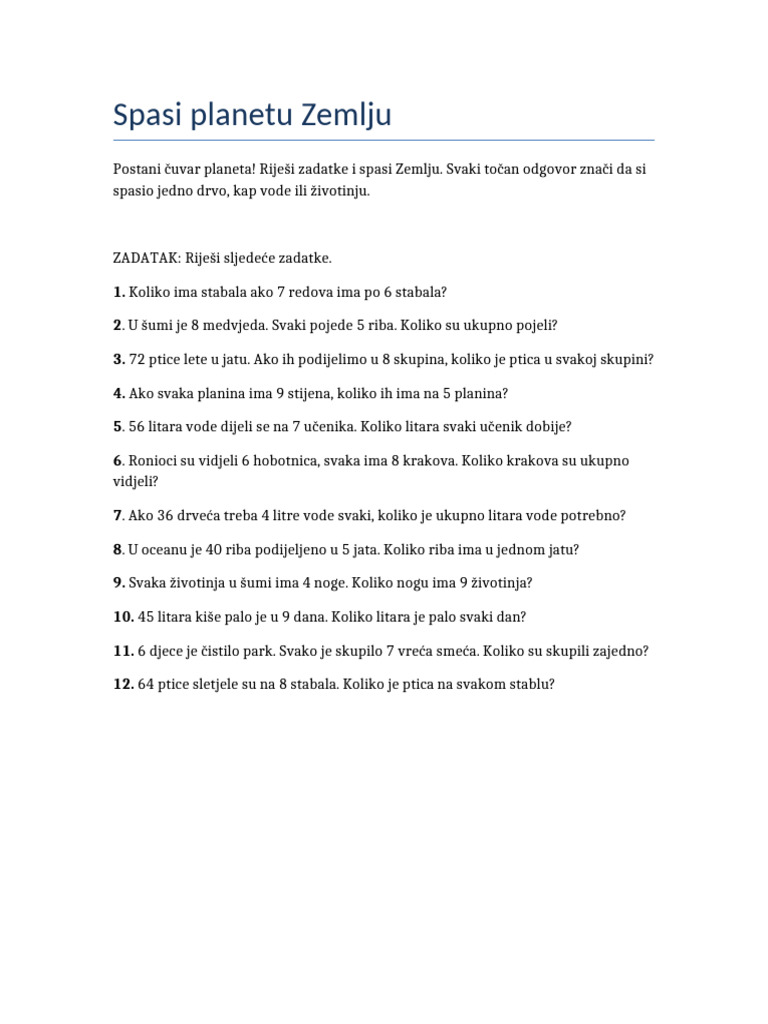 Spasi Planetu Zemlju Zadaci | PDF