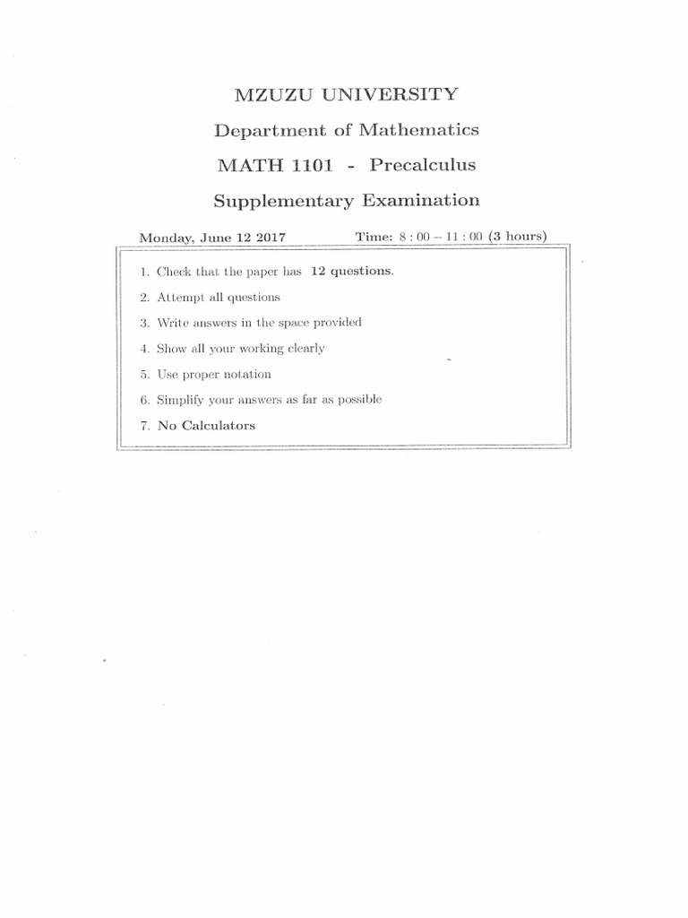 Math 1101 Precalculus Supplementary Examination June 2017 | PDF