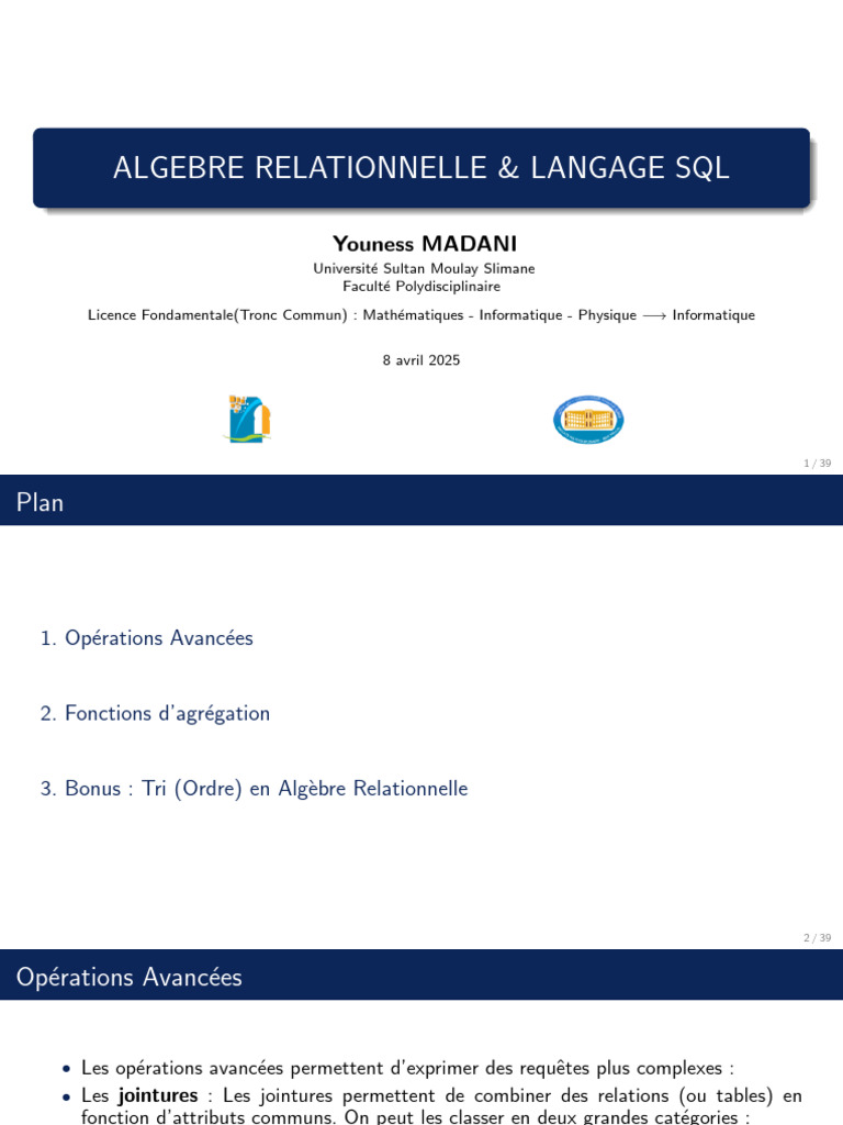 Opérations Avancées en SQL et Algèbre Relationnelle | PDF | Base de ...