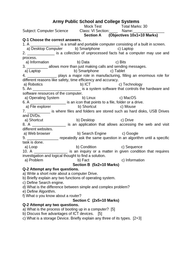 Computer Science Mock Test for Class VI | PDF | Operating System ...