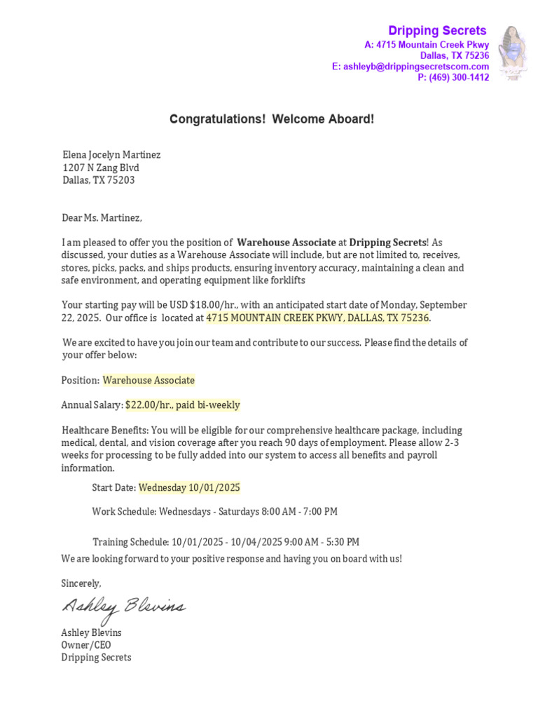 Warehouse Associate Job Offer Letter | PDF | Business | Labor
