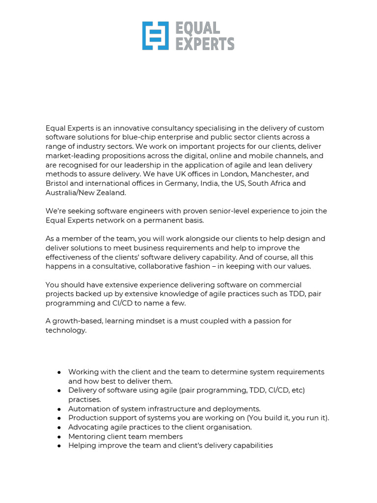 Senior Backend Engineer Role at Equal Experts | PDF | Agile Software ...