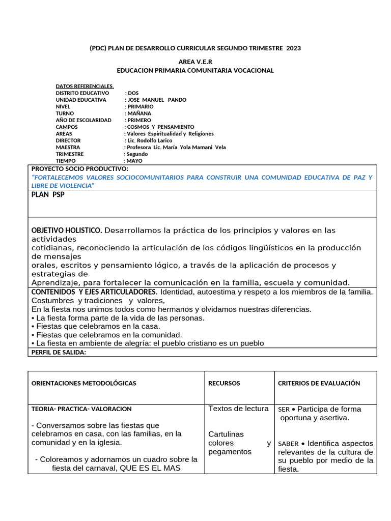 Plan Curricular Valores Primaria 2023 | PDF | Maestros | Autoestima