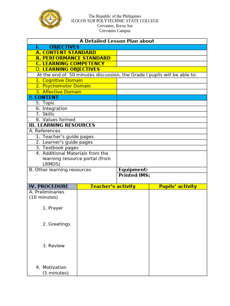 Grade I Detailed Lesson Plan Template | PDF
