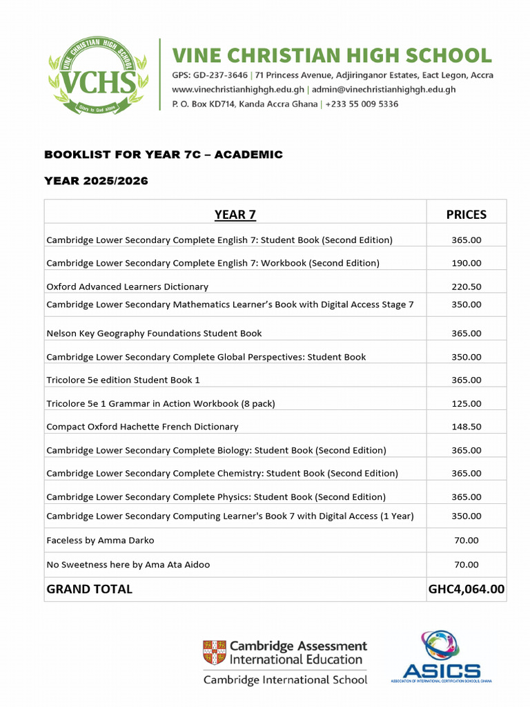 Booklist - Year 7C (2025-2026) | PDF