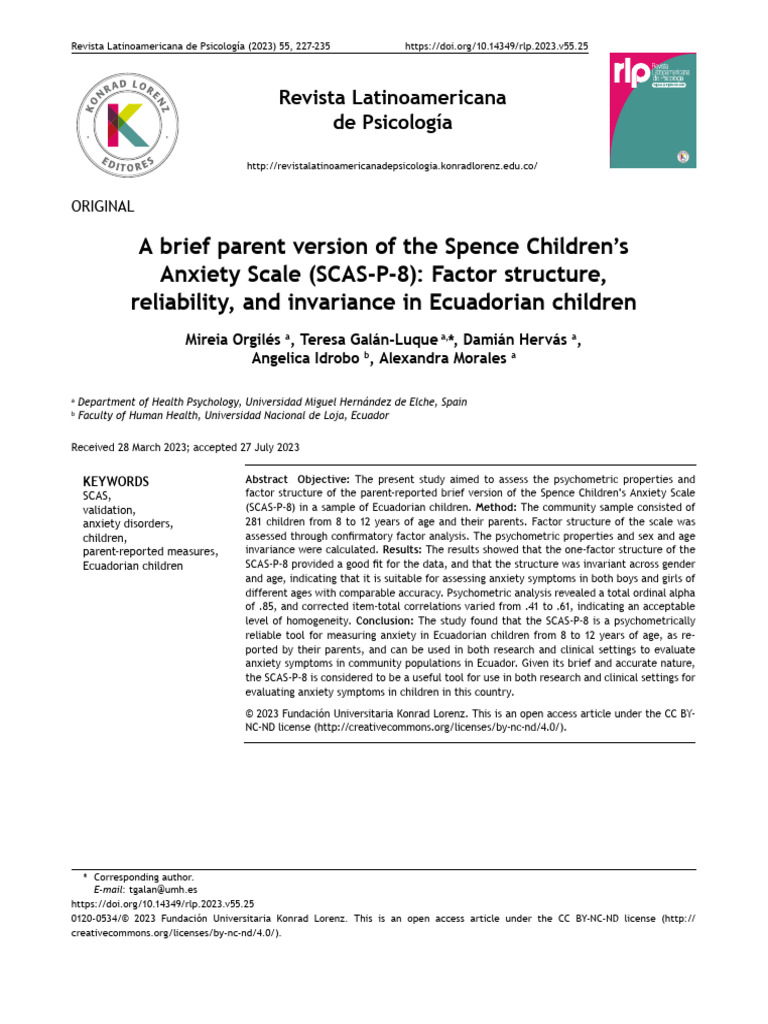 A Brief Parent Version of The Spence Children's Anxiety Scale (SCAS-P-8 ...