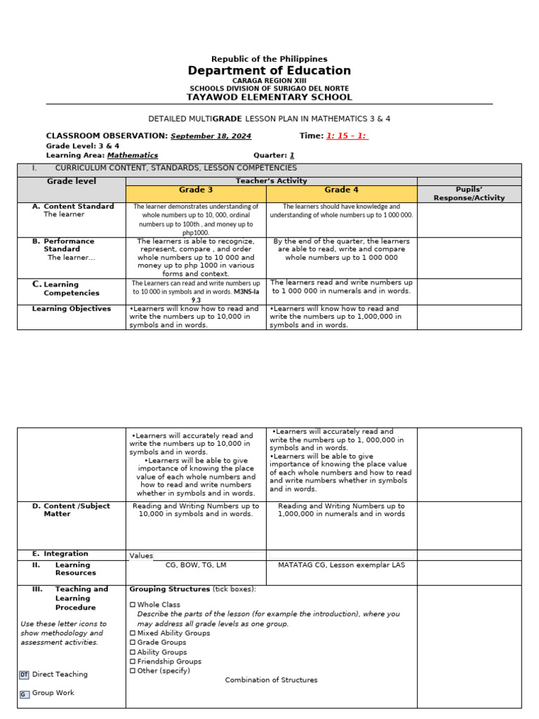 Multigrade Math Lesson Plan for Grades 3 & 4 | PDF | Lesson Plan | Pedagogy