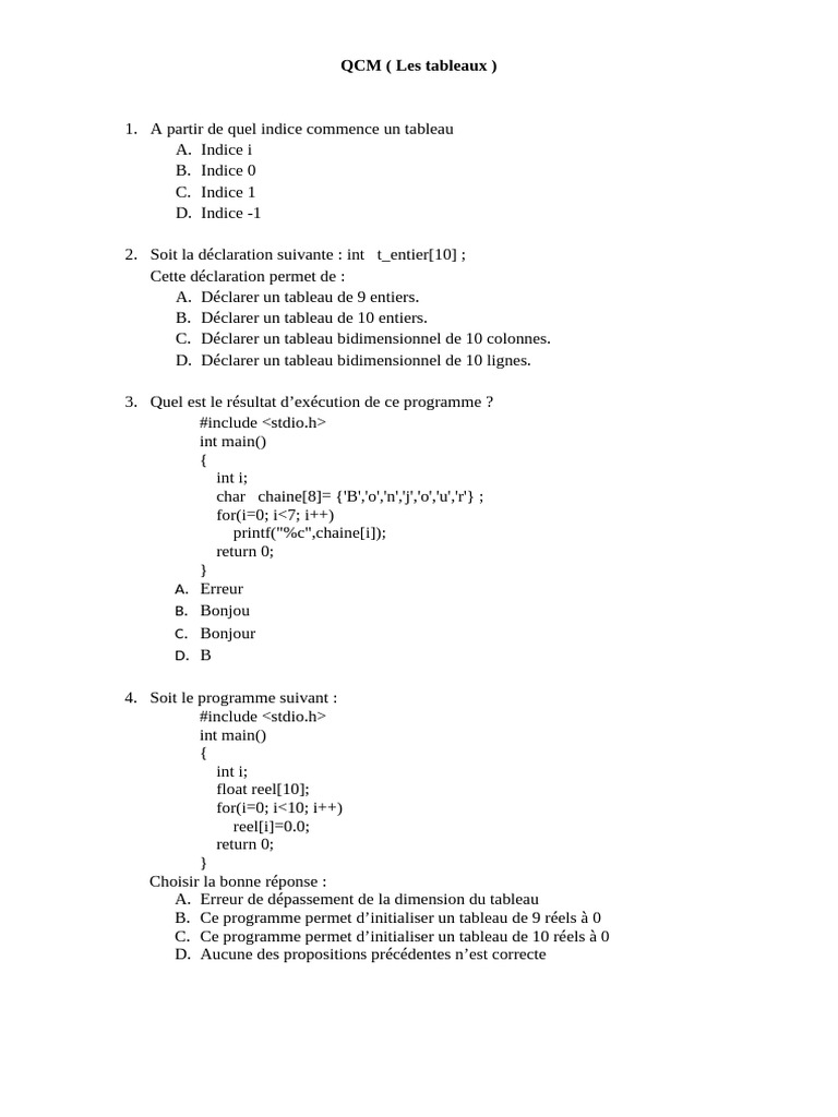 QCM sur les Tableaux en Programmation | PDF | Programmation informatique