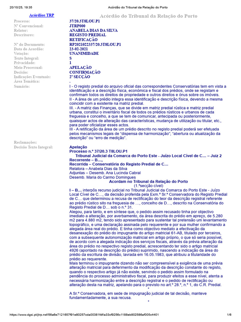 Acórdão sobre Retificação de Registro Predial | PDF | Matriz (Matemática)