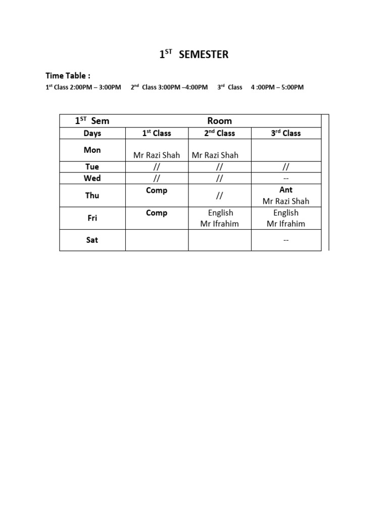 Semester Class Timetable Overview | PDF
