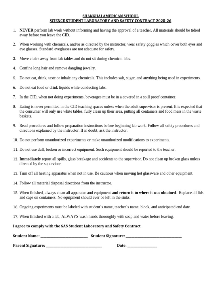 SAS Science Lab Safety Contract 2025-26 | PDF | Laboratories