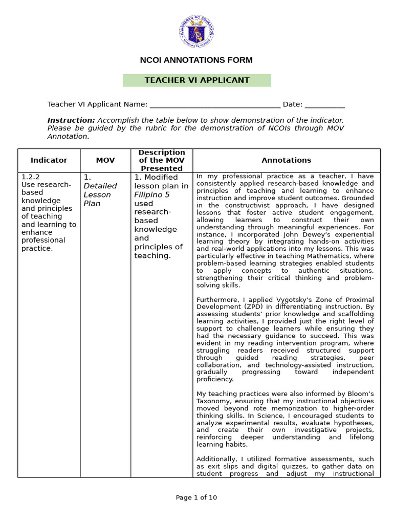 Teacher VI NCOI Annotations Form | PDF | Behavioural Sciences ...