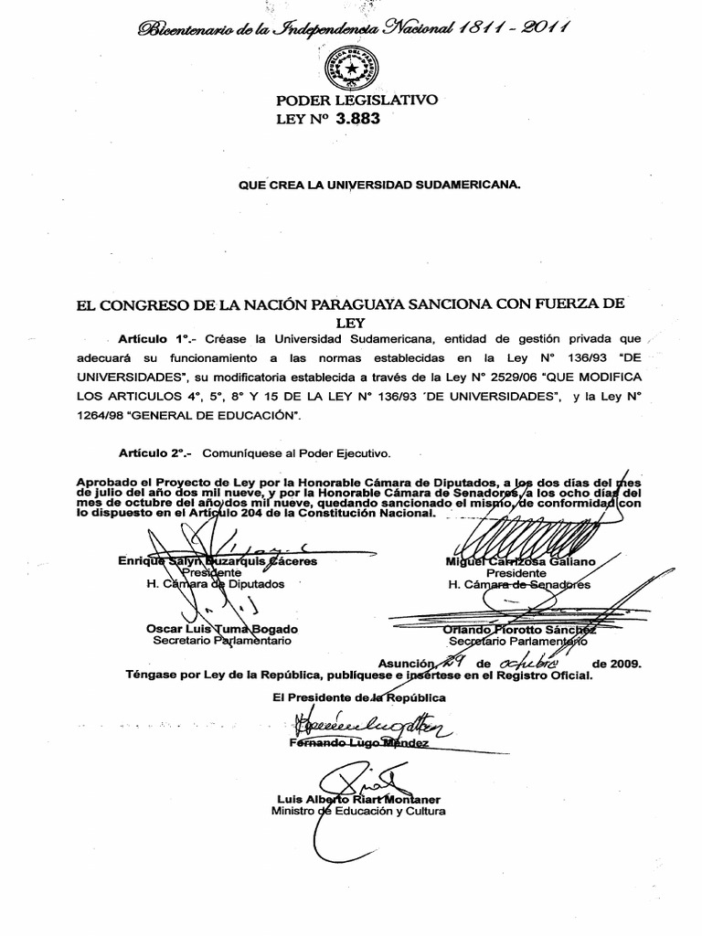Ley 3883 Que Crea La Universidad Sudamericana | PDF