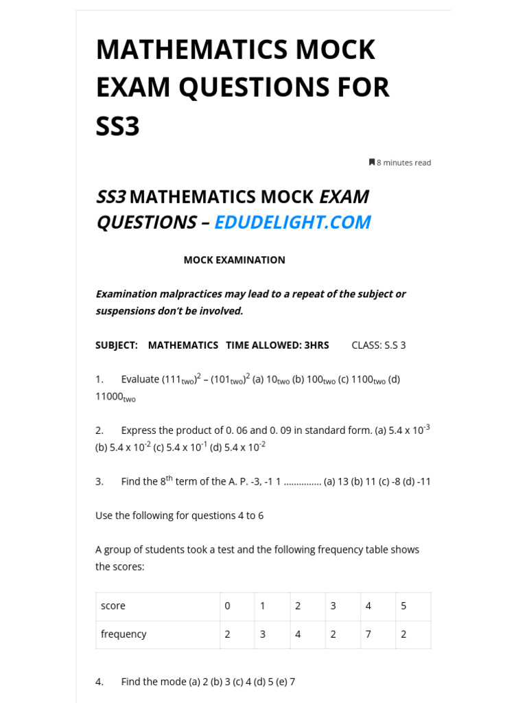 SS3 Mathematics Mock Exam Questions | PDF | Circle | Elementary Geometry