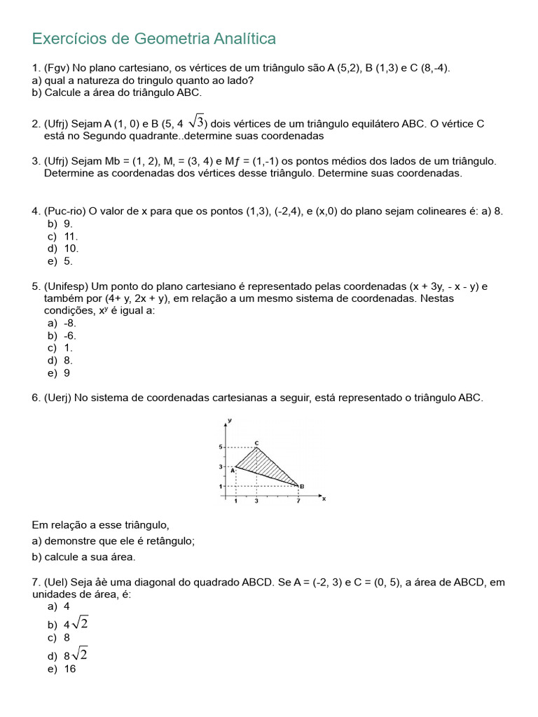 Exercícios de Geometria Analítica | PDF