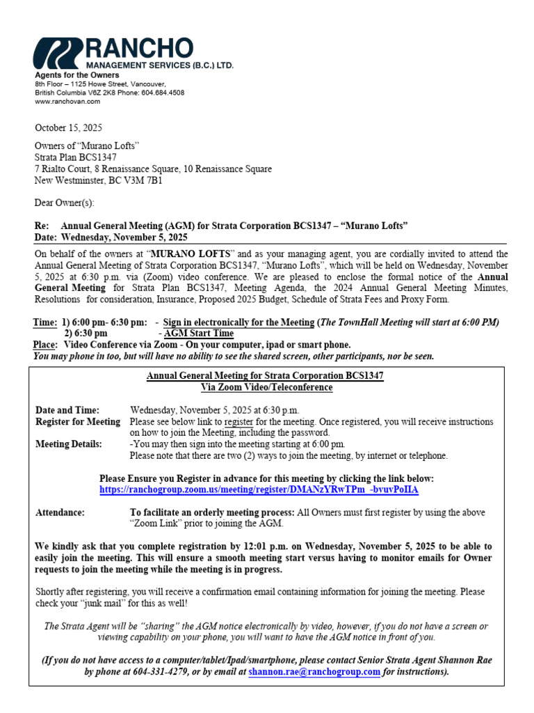 Murano Lofts AGM Notice - Nov 5, 2025 | PDF | Quorum | Information
