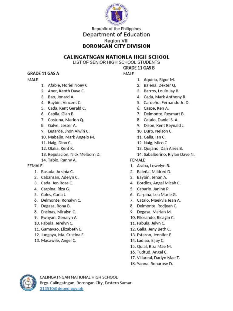 Senior High School Student List - Calingatngan | PDF