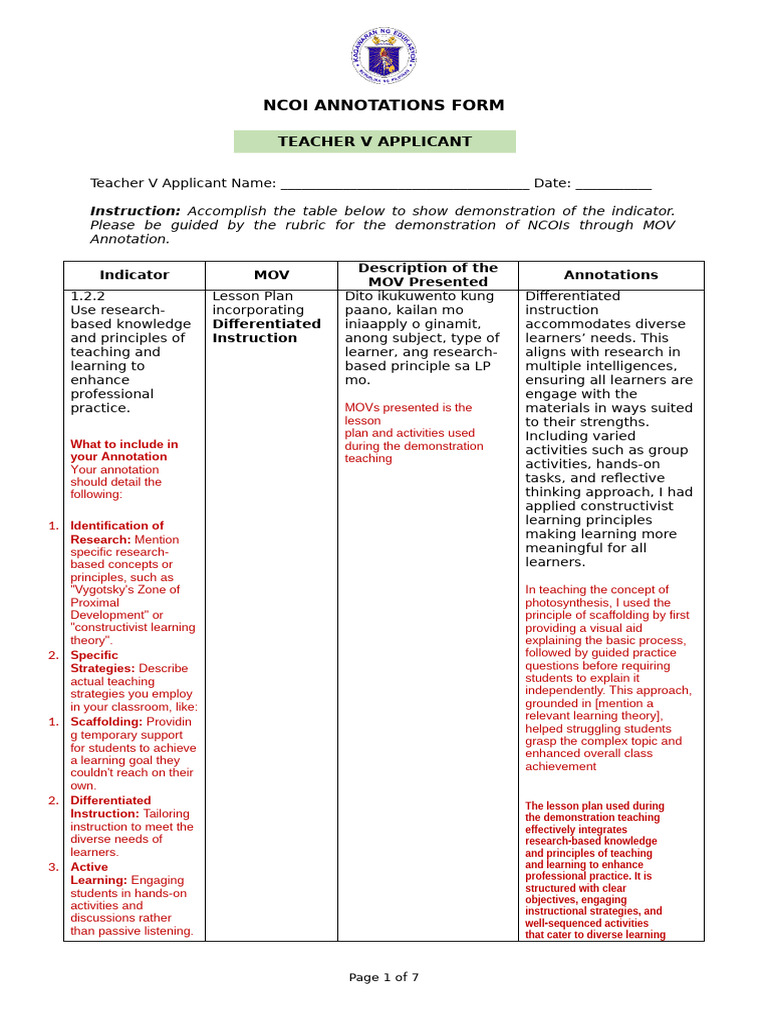NCOI Annotations Form For Teacher V Applicant | PDF | Learning ...