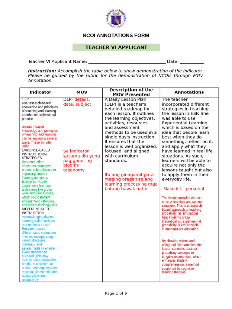 Teacher VI NCOI Annotations Guide | PDF | Learning | Teachers