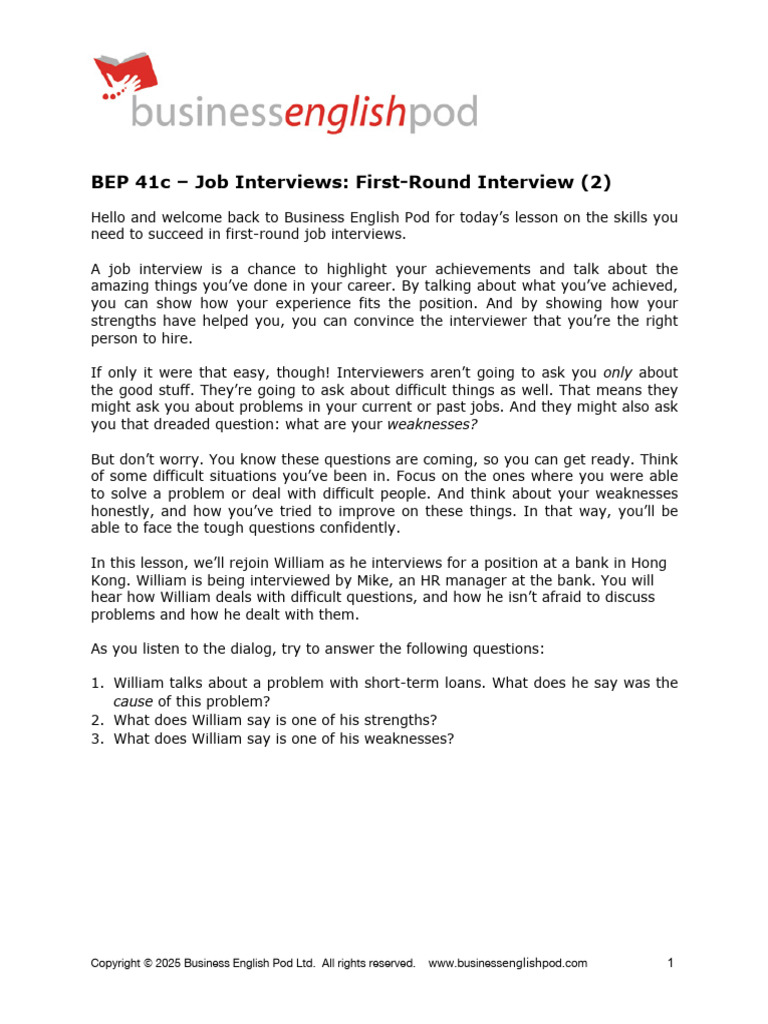 First-Round Job Interview Strategies | PDF | Credit | Finance & Money ...