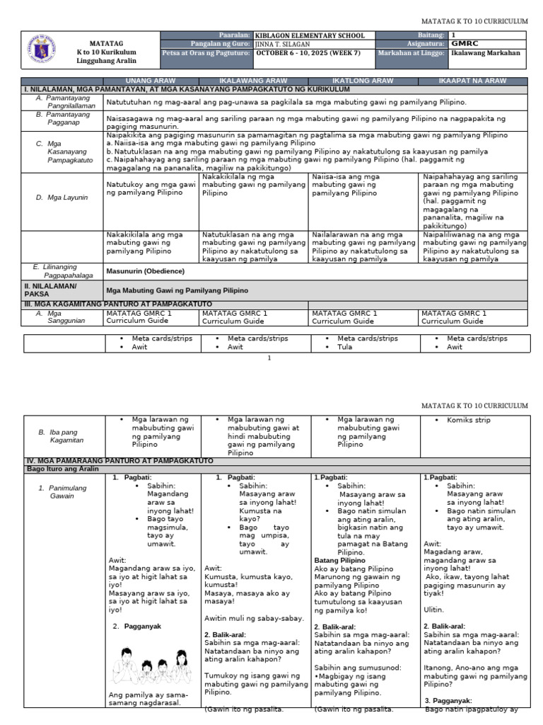 DLL Matatag - GMRC 1 - Q2 - W7 | PDF