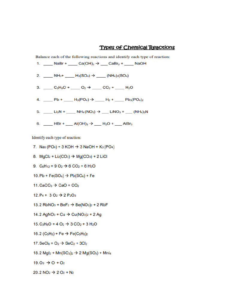 Chemical Reactions Worksheet | PDF