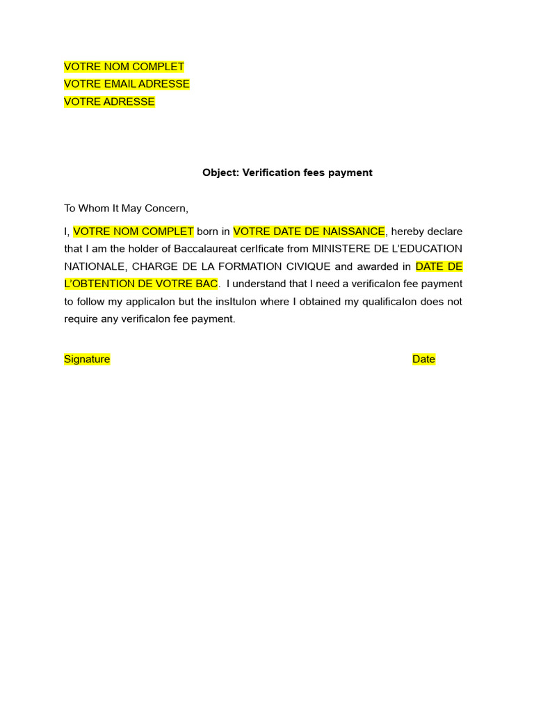 Verification Fee Payment Declaration | PDF