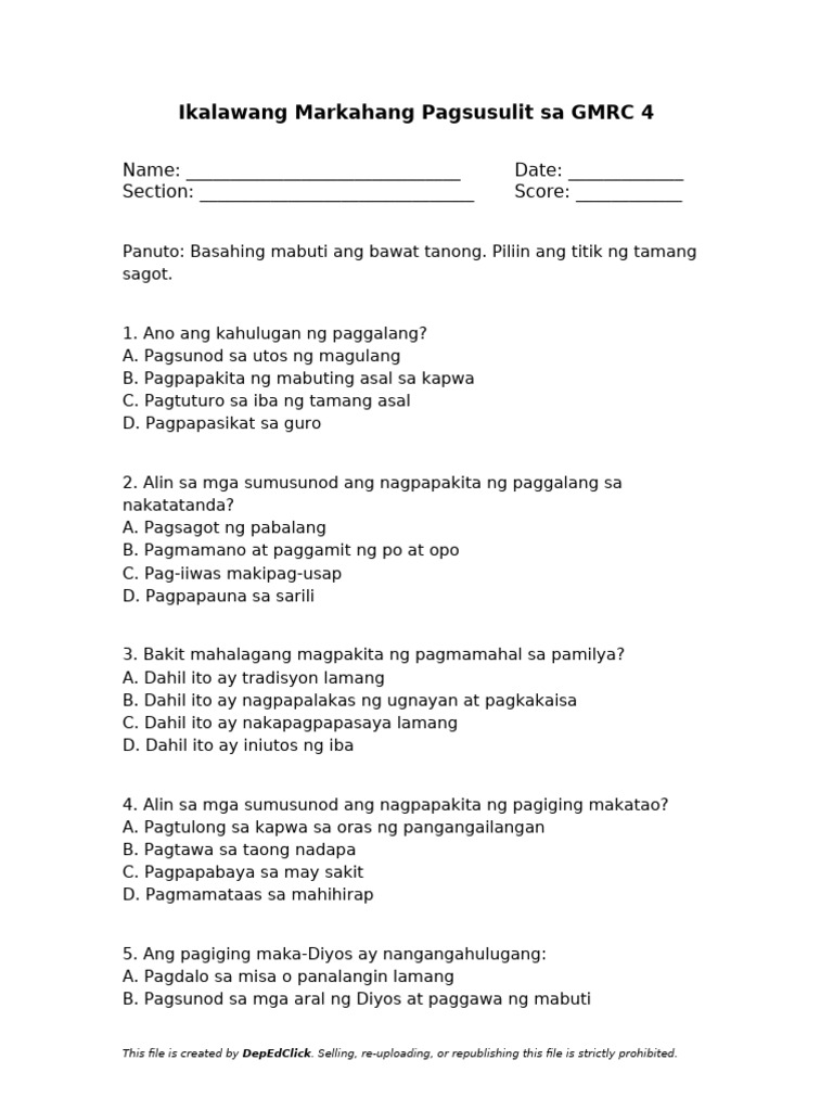 Quarter 2 Examination GMRC 4 DepEdClick | PDF