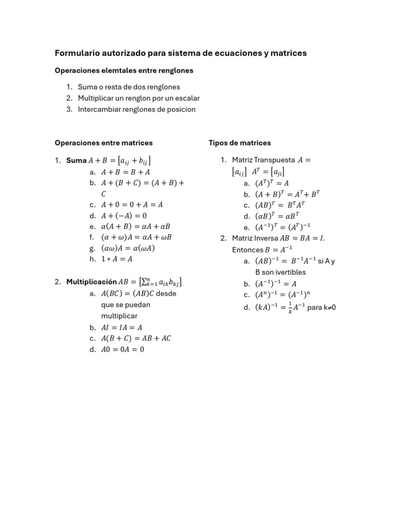 Formulario de Ecuaciones y Matrices | PDF
