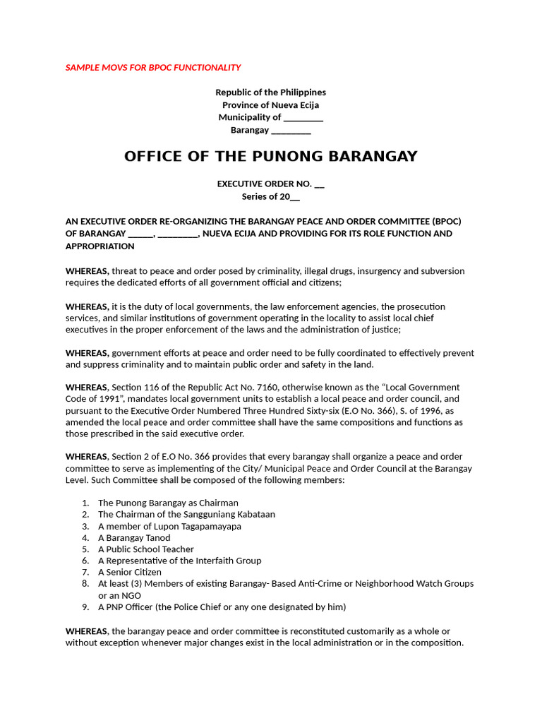 Reorganizing Barangay Peace Order Committee | PDF | Justice | Crime ...