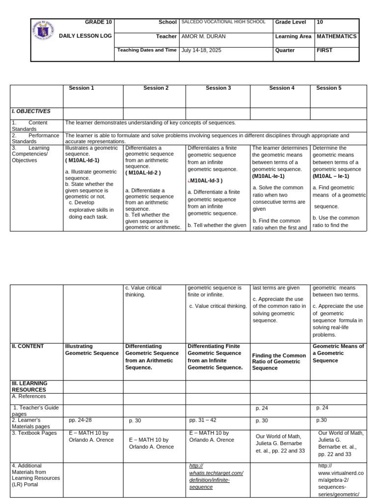 Grade 10 Mathematics Lesson on Sequences | PDF | Mean | Sequence
