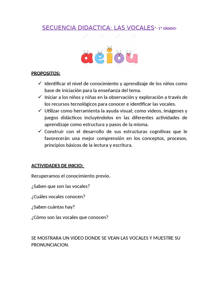 Secuencia Didáctica para Aprender Vocales | PDF | Aprendizaje | Vocal