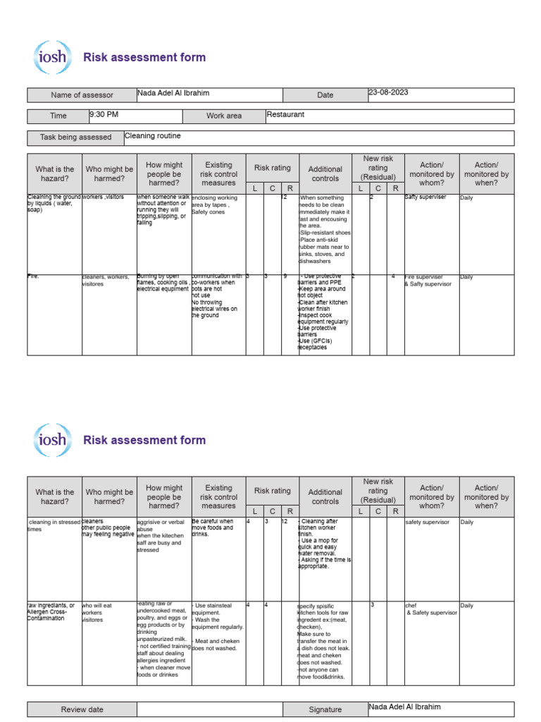 Restaurant Risk Assessment Form | PDF | Safety