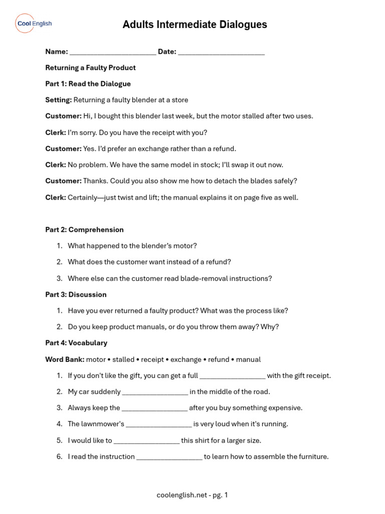 Intermediate Dialogues for Adults | PDF