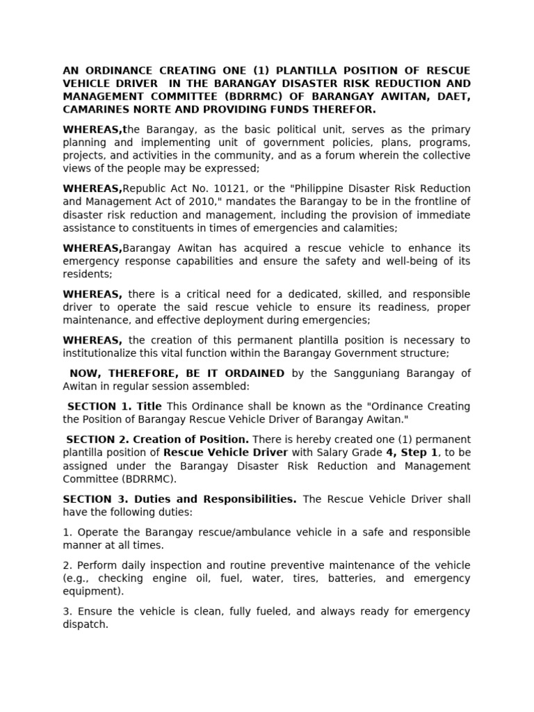 Ordinance for Rescue Vehicle Driver Position | PDF | Emergency | Ambulance