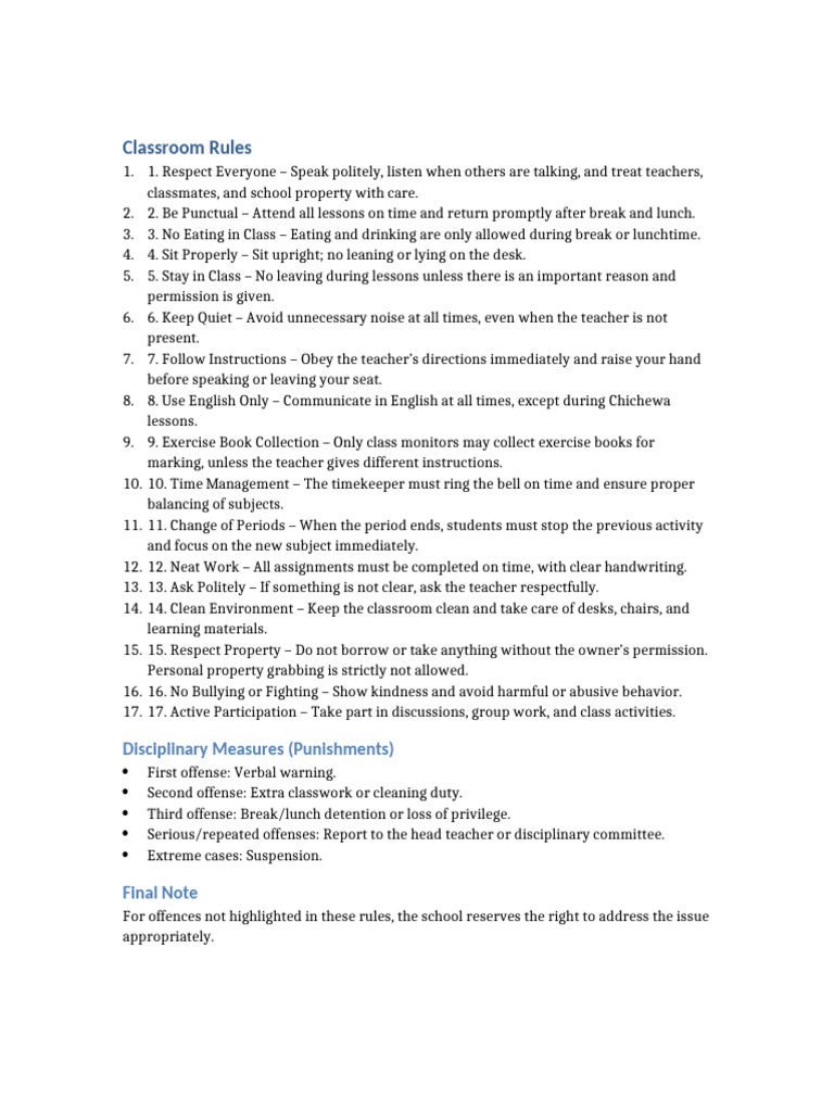 Classroom Sitting Rules and Guidelines | PDF
