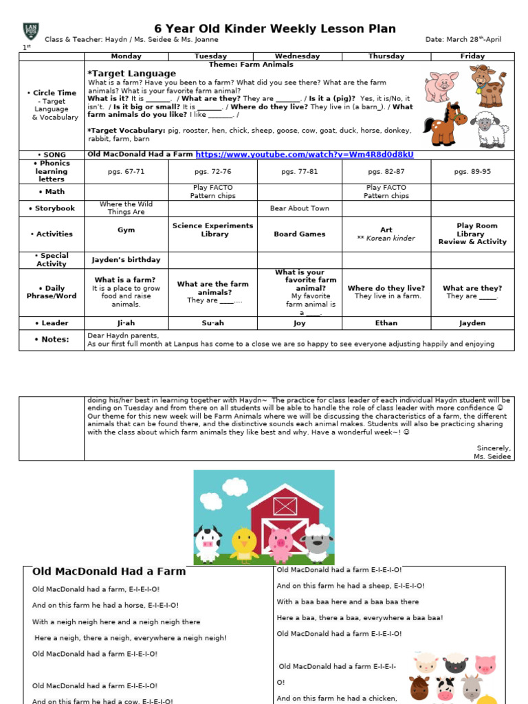 Weekly Kinder Lesson Plan: Farm Theme | PDF | Old Mac Donald Had A Farm