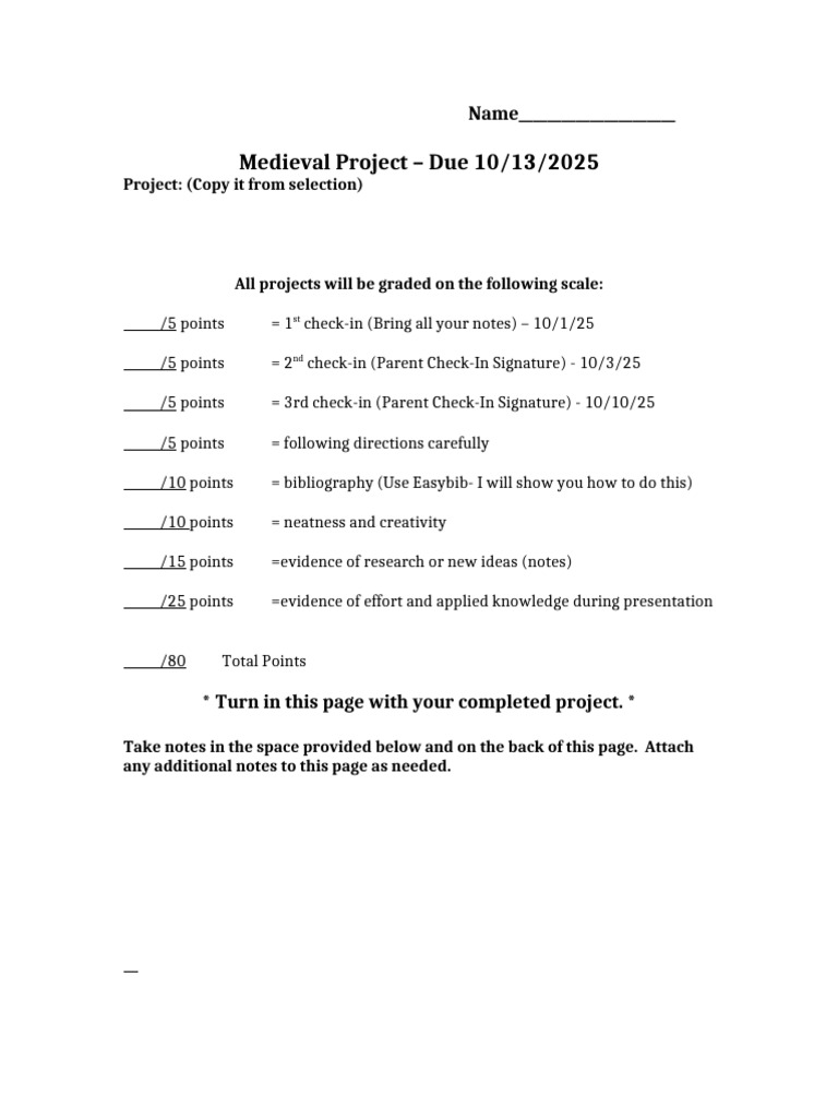 Medieval Project Guidelines and Grading | PDF