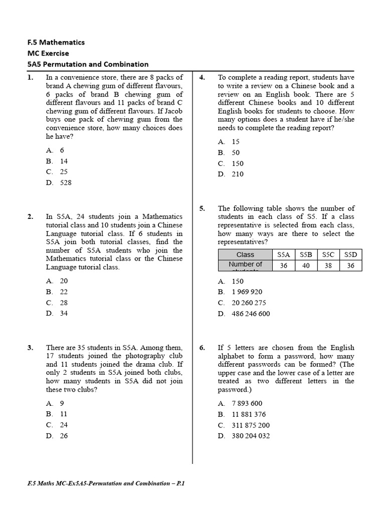 F.5 Permutation and Combination Exercises | PDF