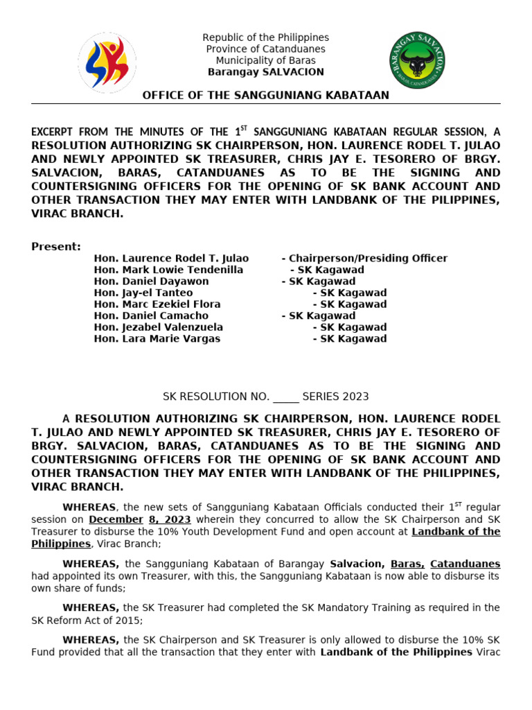 SK Resolution for Bank Account Authorization | PDF | Government | Youth