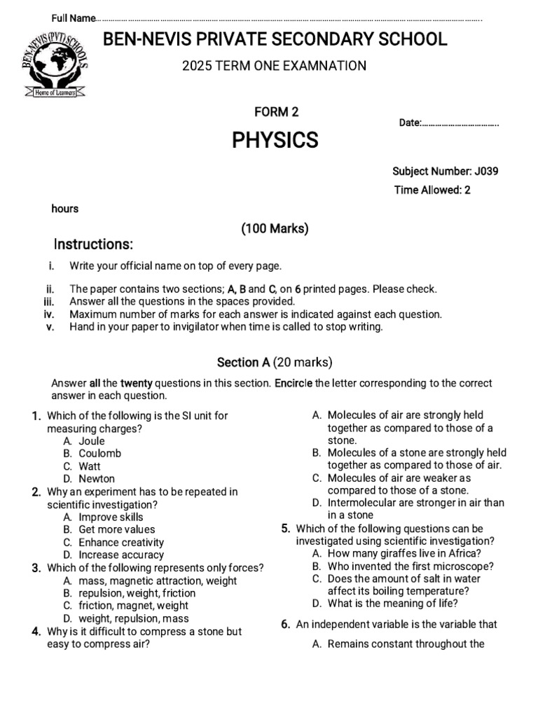 Form 2 Physics Exam Paper 2025 | PDF | Temperature | Water