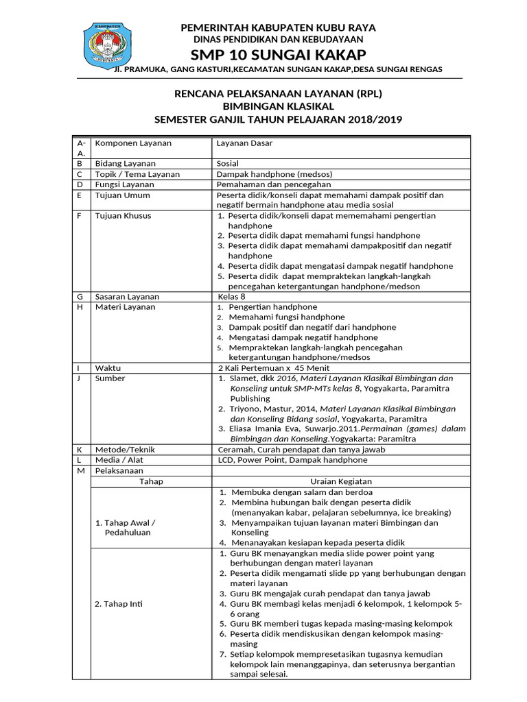 Rencana Pelaksanaan Bimbingan Handphone | PDF