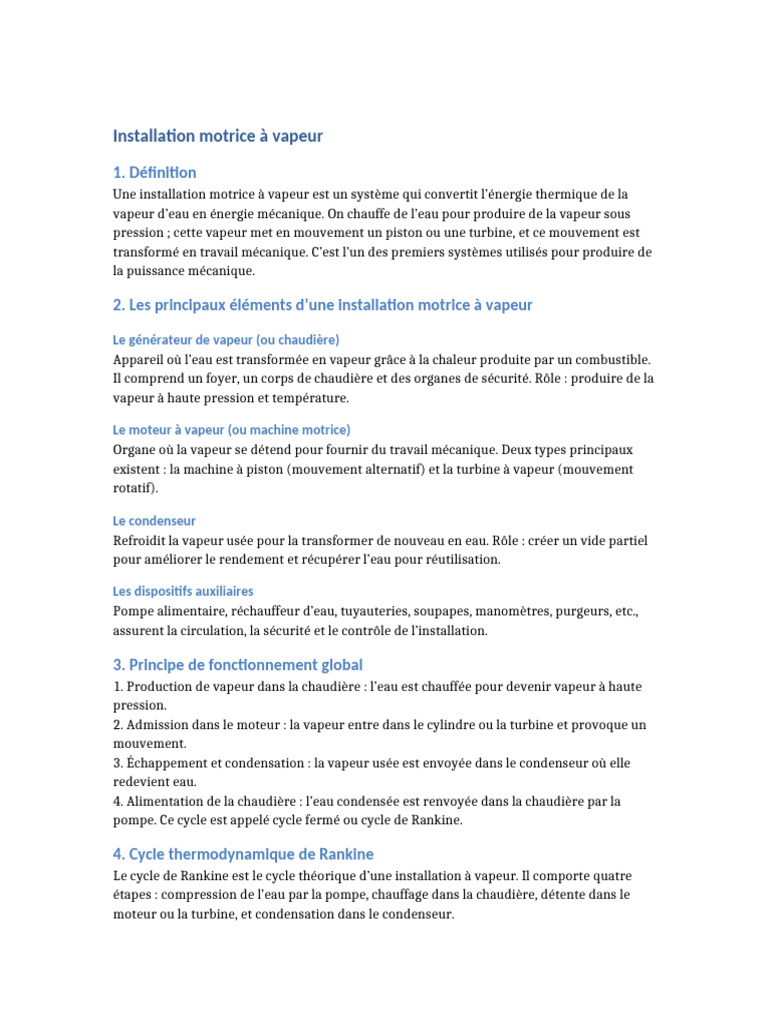 Installation motrice à vapeur : fonctionnement et éléments | PDF ...