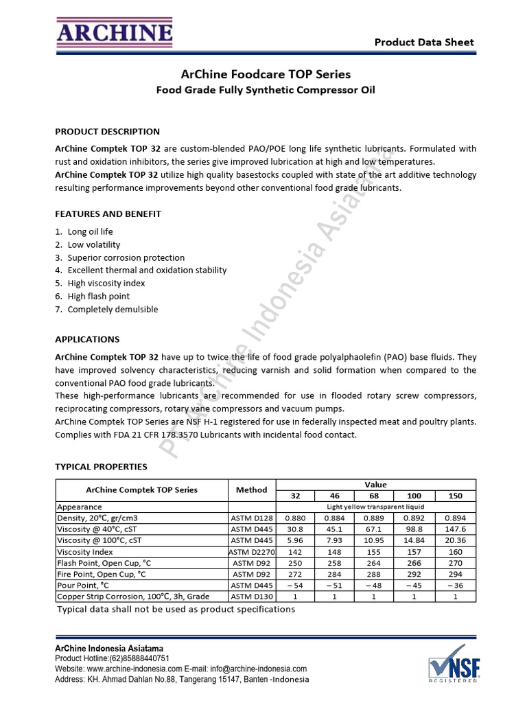 ArChine Foodcare TOP Series Oil Data | PDF | Lubricant | Motor Oil