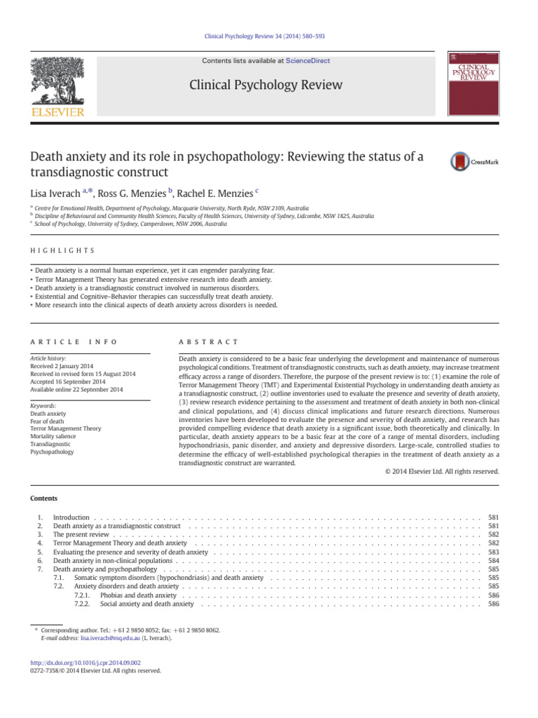 Death Anxiety and Its Role in Psychopathology - Reviewing The Status of ...