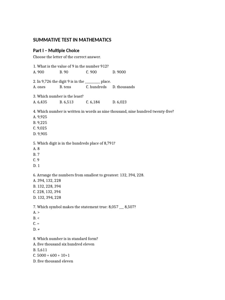 Math Summative Test: Multiple Choice | PDF
