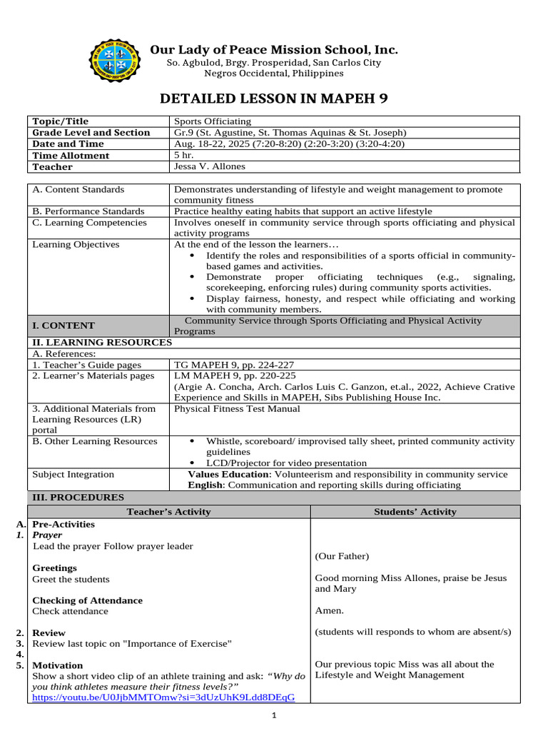 Sports Officiating Lesson Plan for Gr. 9 | PDF | Sports | Physical Fitness